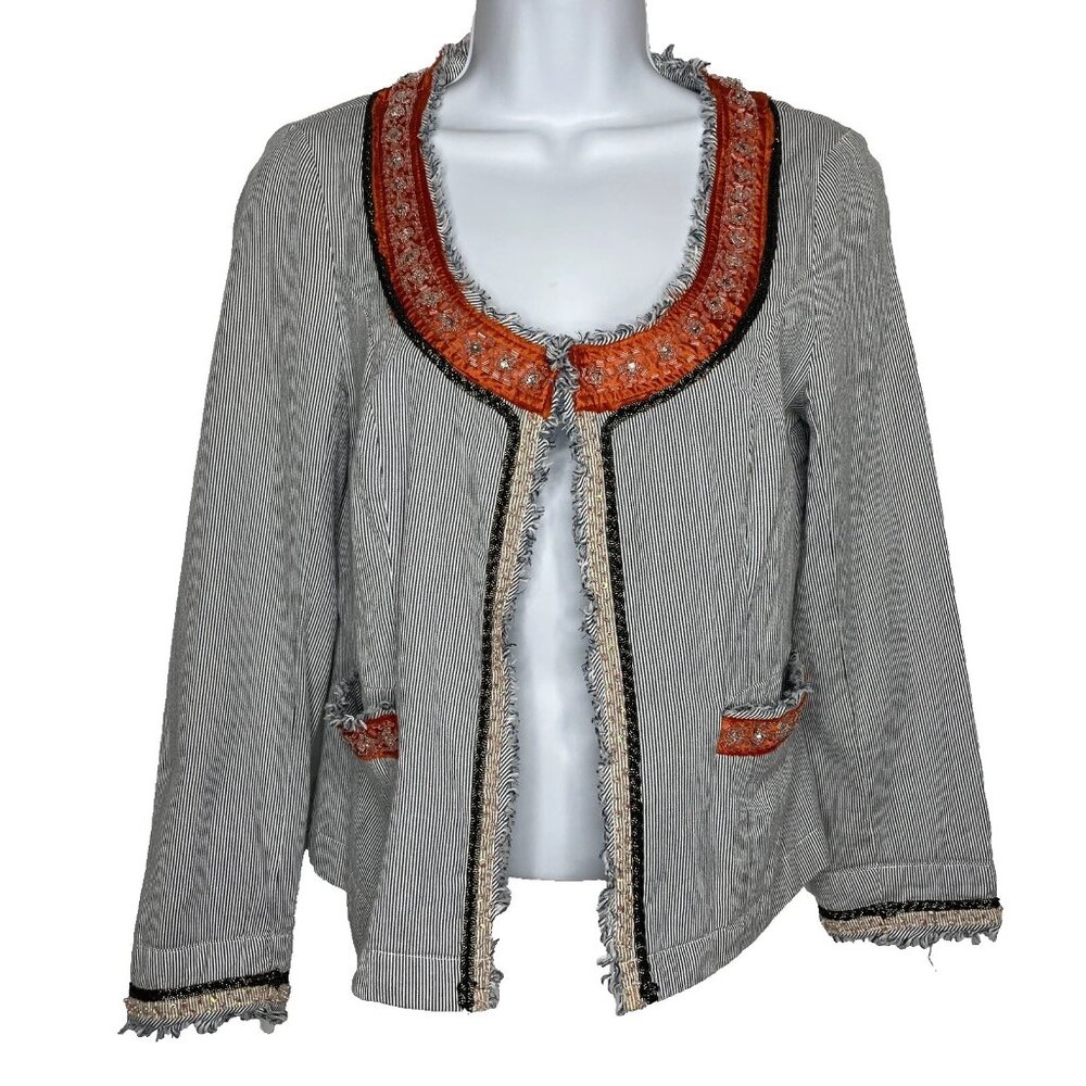 Free People My Fair Lady Crop Blazer Jacket Size 6 Navy Blue White Stripe Beaded